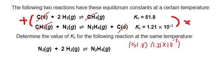 <p>If we add the reactions we have to multiple their kc’s (equilibrium constants)</p>