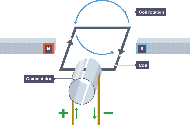 <ul><li><p>a coil of wire is placed between two N+S magnets</p></li><li><p>a split ring commutator is placed at the positive and negative ends of the coil </p></li></ul><p></p>