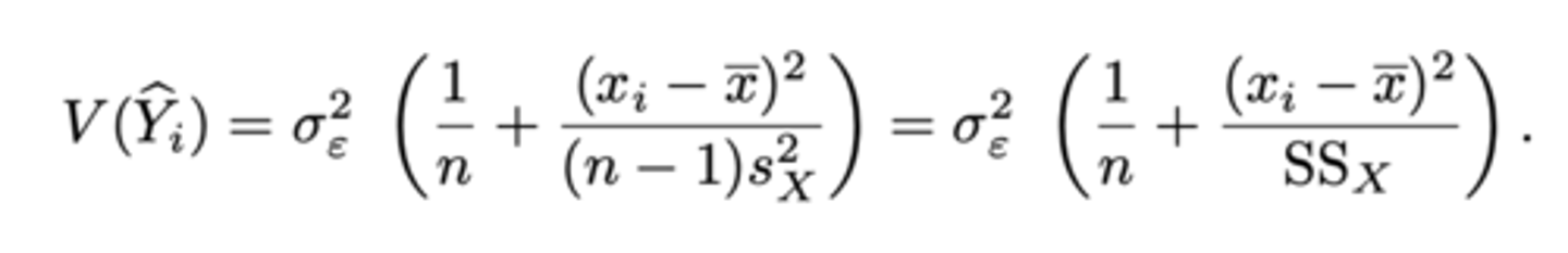 <p>Dezelfde als bij een predictie voor een score die wel in de steekproef voorkomt.</p><p>-> de predicties voor nog niet geobserveerde waarden zijn dus ook beter als x niet te ver van het gemiddelde ligt</p>