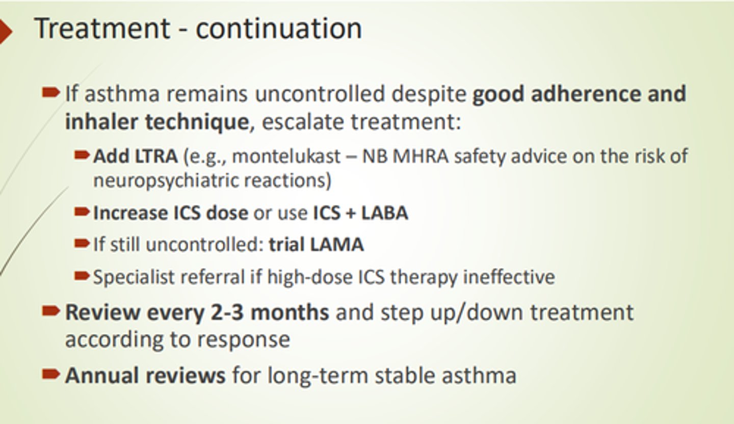 <p>- Add Leukotriene Receptor Antagonist eg Montelukast.</p><p>- Increase ICS dose.</p><p>- Use ICS + LABA.</p><p>- Try LAMA.</p>