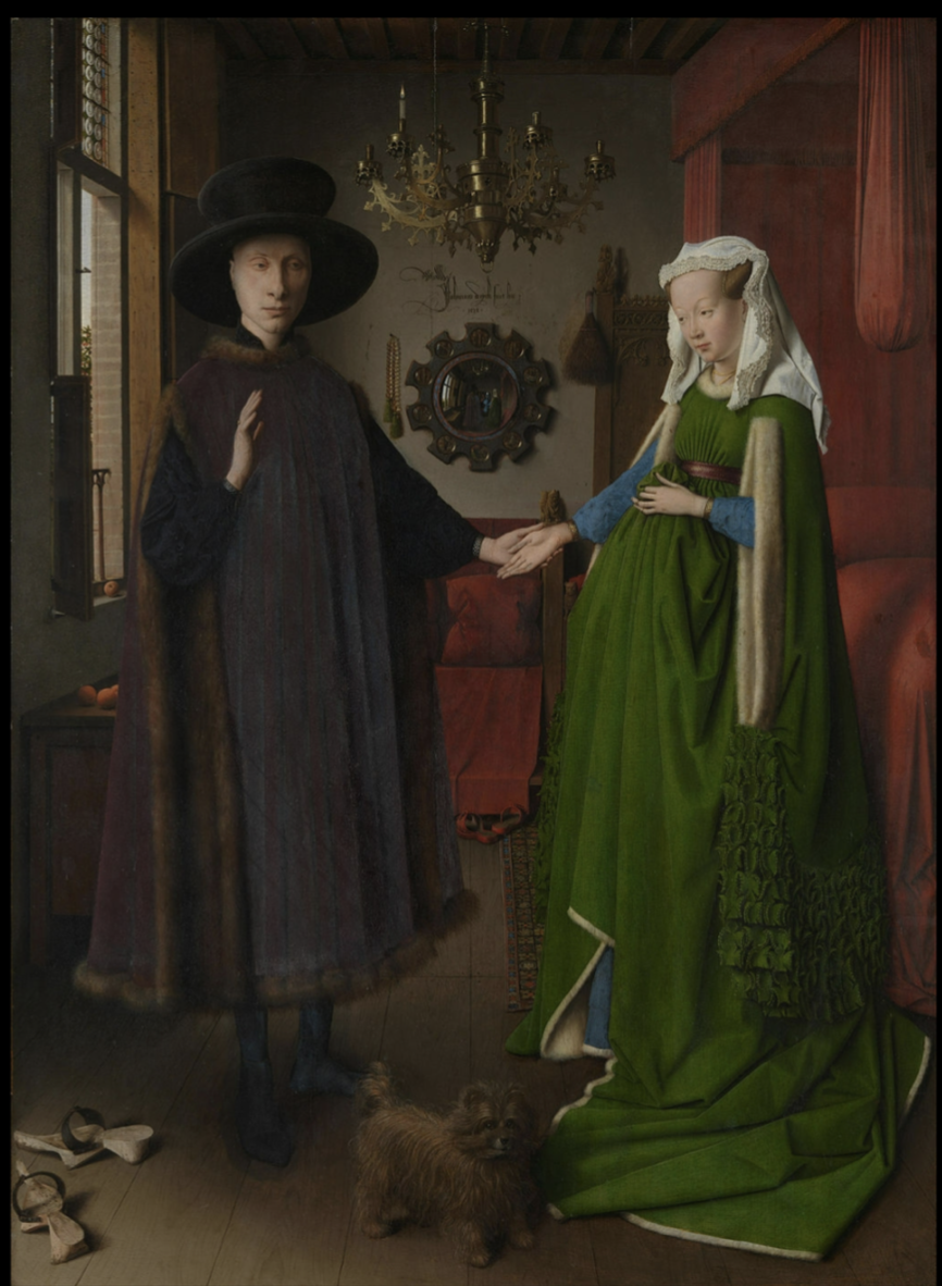 <ul><li><p>Not pregnant, shows wealthy class and desire to be pregnant</p></li><li><p>Consistently interested in high degree of detail, but figures are elongated to appear more graceful</p></li><li><p>Hidden symbolism</p><ul><li><p>Artist’s signature on wall in BG</p></li><li><p>Self-portrait in mirror on wall in BG</p></li></ul></li><li><p> Represented a shift in recording the world around them realistically in Renaissance, equal attention is being applied to all elements throughout</p></li><li><p>Oil on wood</p></li></ul>