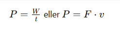 <ul><li><p>Effekt (P) = Beskriver hur snabbt arbetet utförs, alltså hur snabbt energi överförs [Watt (W) = Joule per sekund (J/s)].</p></li></ul><ul><li><p>En motor med hög effekt gör samma arbete på kortare tid.&nbsp;</p></li></ul><p></p><p><strong>Ex:&nbsp;</strong></p><ul><li><p>Du och en hissmotor lyfter samma vikt 2 meter upp.</p><ul><li><p>Du tar 10 sek → Låg effekt.</p></li><li><p>Motorn tar 1 sek → Hög effekt.&nbsp;</p></li></ul></li><li><p>Arbetet är lika (samma energi), men effekten skiljer sig.&nbsp;</p></li></ul><p></p>