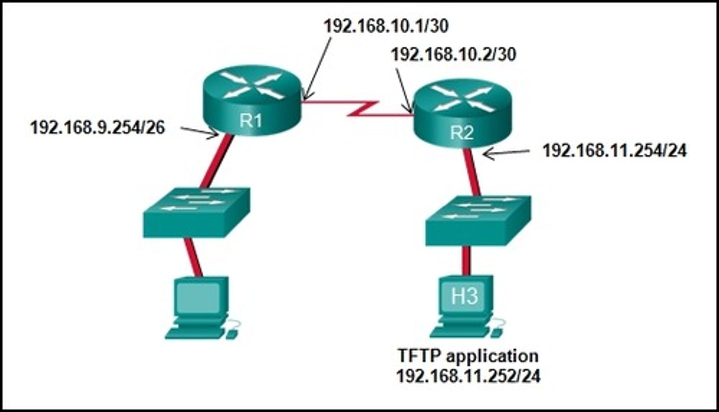 <p>Refer to the exhibit.</p><p>The network administrator enters these commands into the R1 router:</p><p>R1# copy running-config tftp</p><p>Address or name of remote host [ ]?</p><p>When the router prompts for an address or remote host name, what IP address should the administrator enter at the prompt?</p><p>-192.168.9.254</p><p>-192.168.10.2</p><p>-192.168.11.252</p><p>-192.168.11.254</p><p>-192.168.10.1</p>