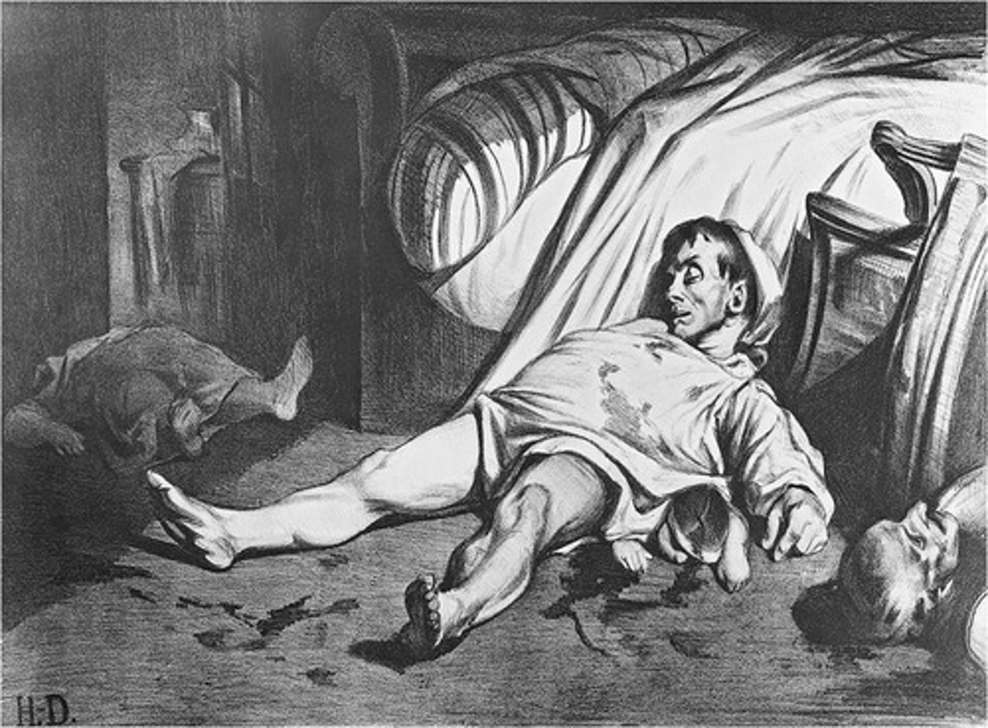 <p>This piece depicts the aftermath of an uprising that had occurred only a couple months prior where a policeman was shot and killed, so another officer went to the workman union's house and killing a bunch of them. This was a print, which meant it could be made quickly and mass produced. Prints were used to confront authorities in France (political protest). Diagonals of death, cropping out part of the figure on the right indicates that the slaughter extends past this image, the lighting highlights the violence.</p>