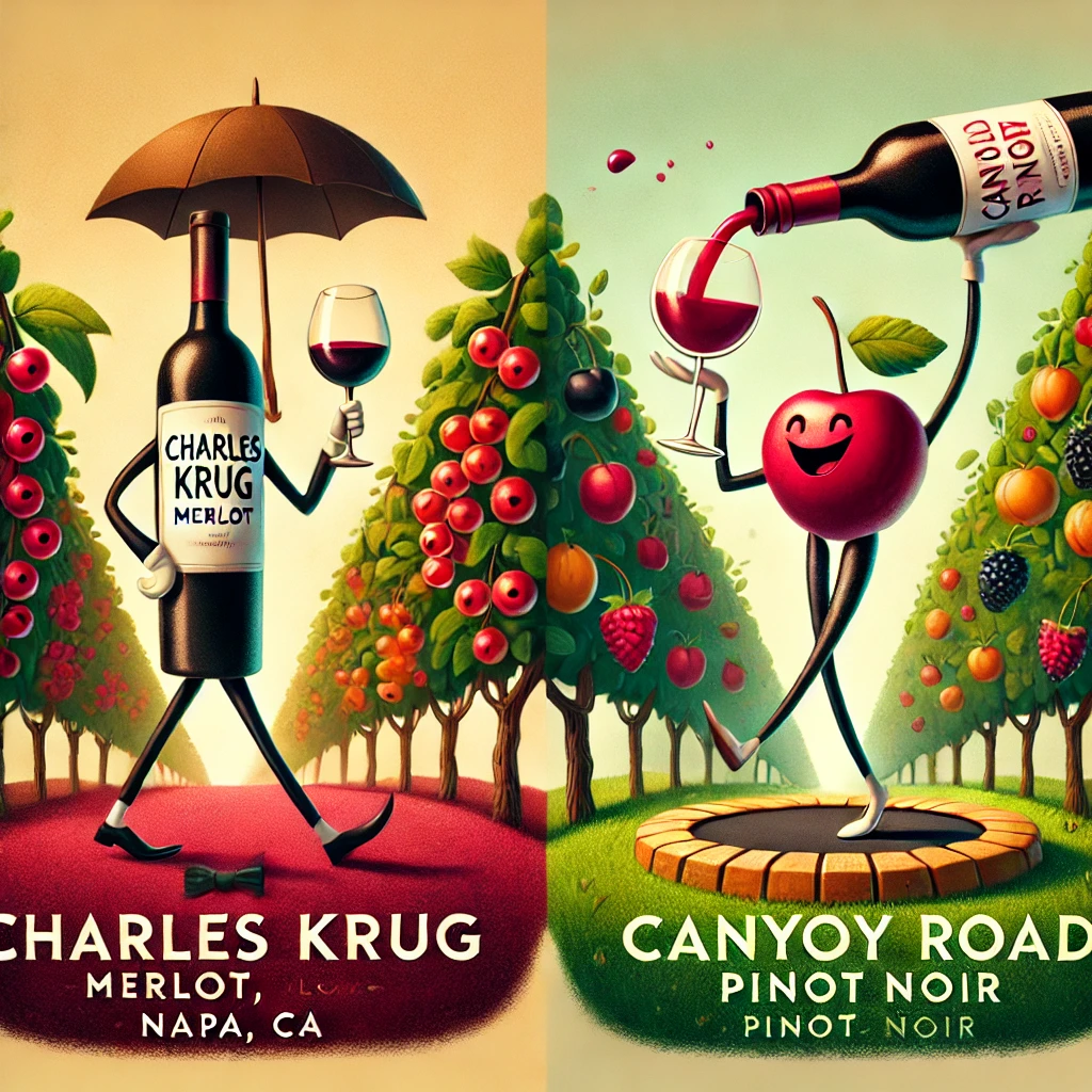 On the left, Charles Krug Merlot features an elegant vineyard scene with red currant and cherry characters holding mocha umbrellas, gracefully strolling on a velvet-textured carpet. A sophisticated wine bottle oversees the scene, embodying its complexity and balance.
On the right, Canyon Road Pinot Noir showcases a lively orchard with raspberry and cherry characters bouncing on trampoline-like spice pods. A cheerful wine bottle pours into glasses with a crisp, refreshing splash, capturing its engaging and light-bodied personality.