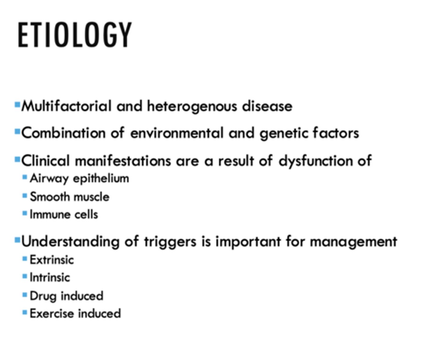 <p>Triggers/stimuli (Ex: Extrinsic, Intrinsic, Drug induced, Exercise induced)</p>