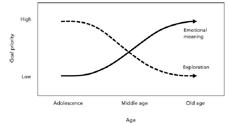 <p>The approach of endings, due to aging or other (e.g. geographic relocations, severe illness) elicits motivational changes:</p><ul><li><p><strong>Emotionally meaningful goals are prioritized over exploration</strong>.</p><ul><li><p>Effects on preferences, social networks, and emotional experience.</p></li><li><p><strong>Positivity effect</strong> in cognitive processing of older adults:</p><ul><li><p>Pay more attention to, better remember, and place more priority on positive than on negative information. </p></li></ul></li></ul></li></ul><p></p>