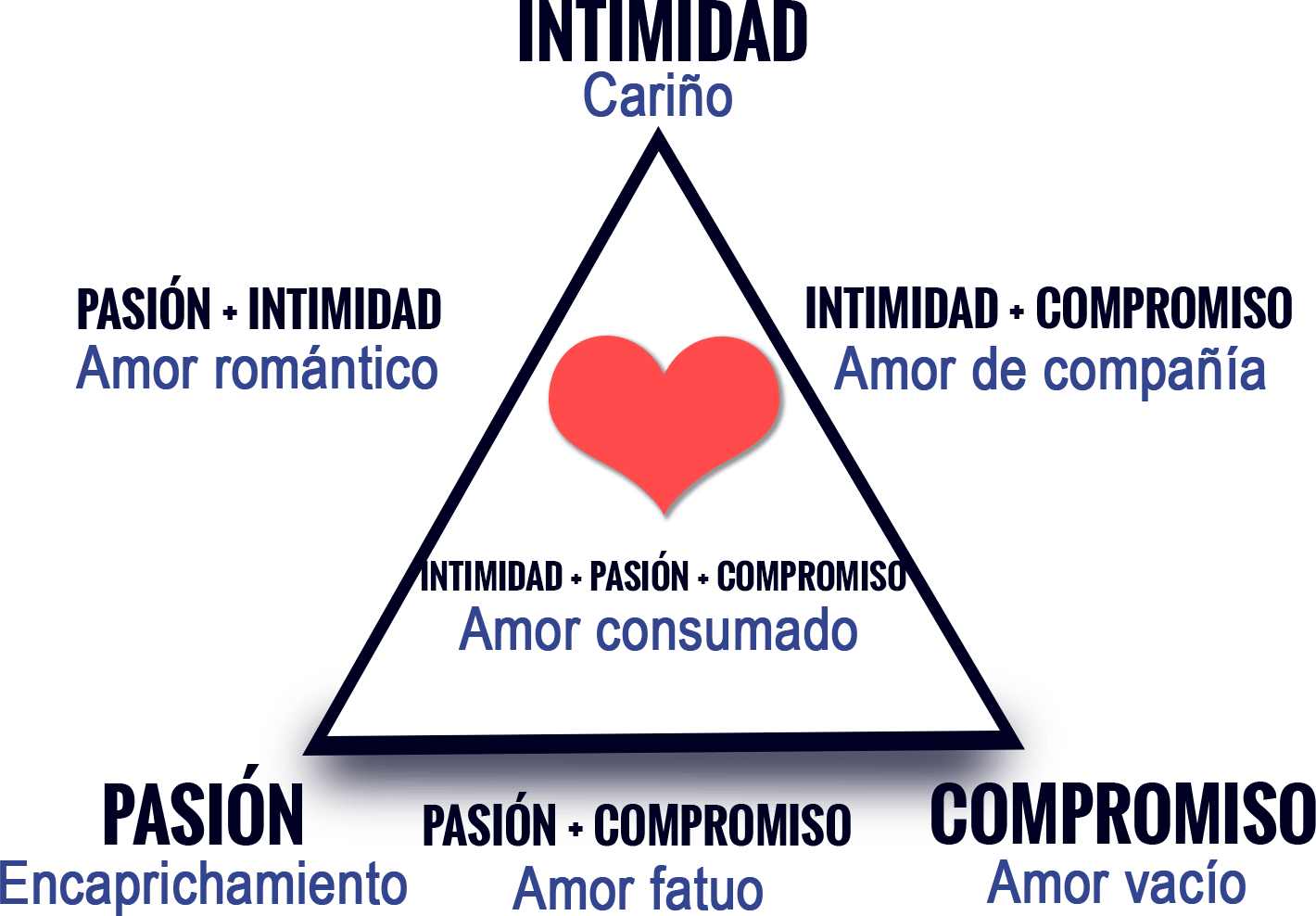 <ol><li><p>Cariño: Solo intimidad, verdaderas amistades, sin pasión ni compromiso</p></li><li><p>Encaprichamiento: Solo pasión, sin intimidad ni compromiso</p></li><li><p>Amor vacío: Solo por compromiso, sin pasión ni intimidad. Matrimonios arreglados empiezan así</p></li><li><p>Amor romántico: Pasión e intimidad pero sin compromiso. Adolescentes</p></li><li><p>Amor sociable: Matrimonios donde ya no hay pasión pero si intimidad y compromiso. También se ve en amistades profundas</p></li><li><p>Amor fatuo o vano: Falta de intimidad. Compromiso motivado por la pasión</p></li><li><p>Amor consumado: Forma completa de amor</p></li></ol><p></p>