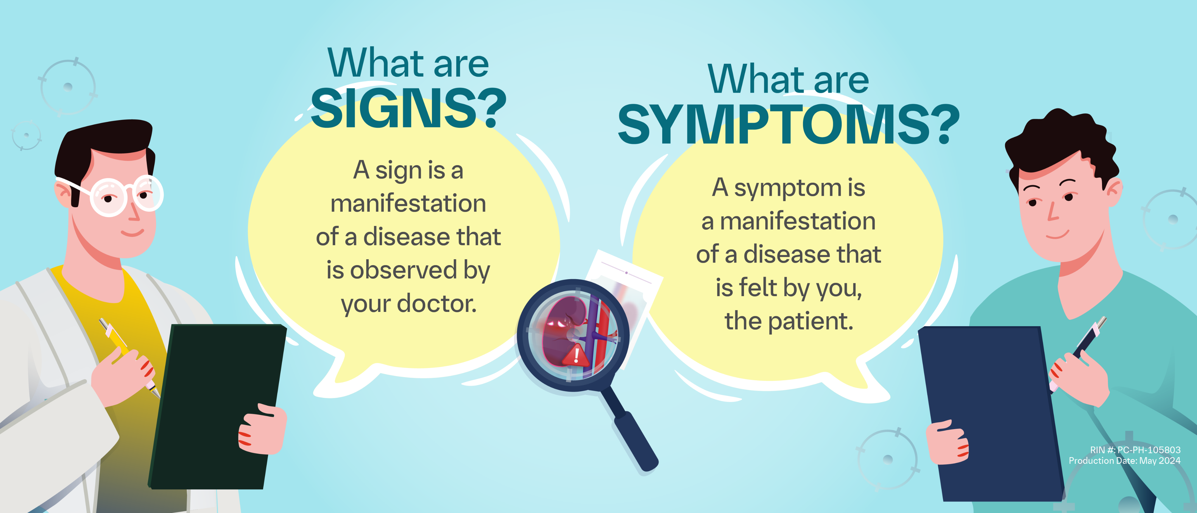 <p>Signs are <strong>objective</strong> and can be <strong>measured</strong>. </p><ul><li><p>e.g. fever, high blood pressure, rash </p></li></ul><p></p><p>Symptoms are <strong>subjective</strong> and experienced by the individual who is ill (<strong>not as easily observable</strong>) </p><ul><li><p>e.g. dizziness, nausea, pain, blurry vision </p></li></ul><p></p>