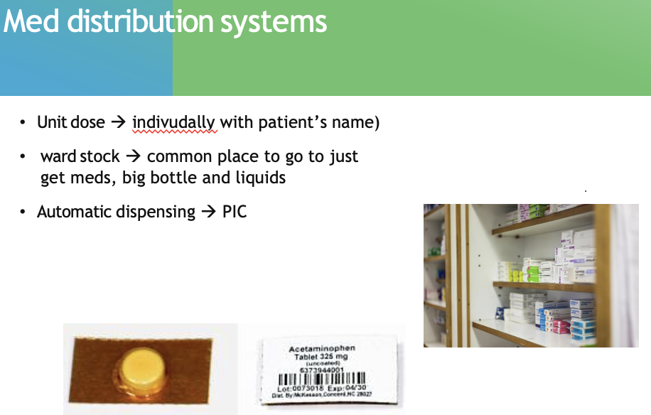<p><strong>Unit dose </strong>—> individually with patient’s name</p><p><strong>Ward stock </strong>—> common place to just go and get meds</p><p><strong>Automatic dispensing</strong> —> PIC</p>
