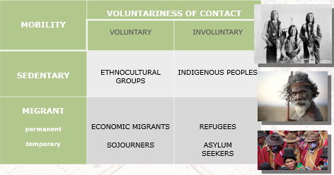 Voluntary and sedentary: ethnocultural groups
Involuntary and sedentary: indigenous groups

Voluntary and permanent: economic migrant
Involuntary and permanent: refugees

Voluntary and temporary: sojourners
Involuntary and temporary: asylum seekers

(Voluntariness, mobility, and permanence play a role in this variation)

*Course of migration, level of acculturation difficulty, outcomes of acculturation varies between these groups