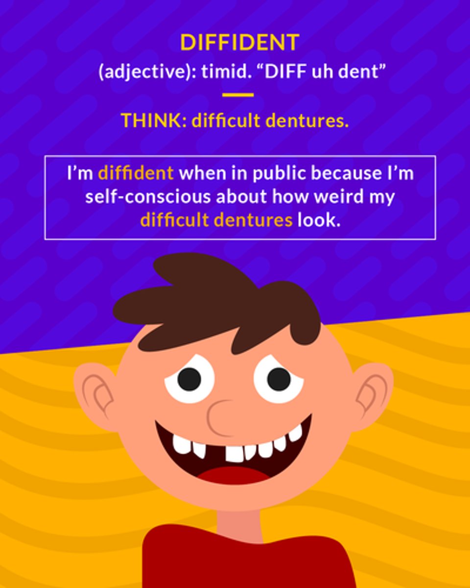 <p>(adj.) shy, lacking self-confidence; modest, reserved</p>