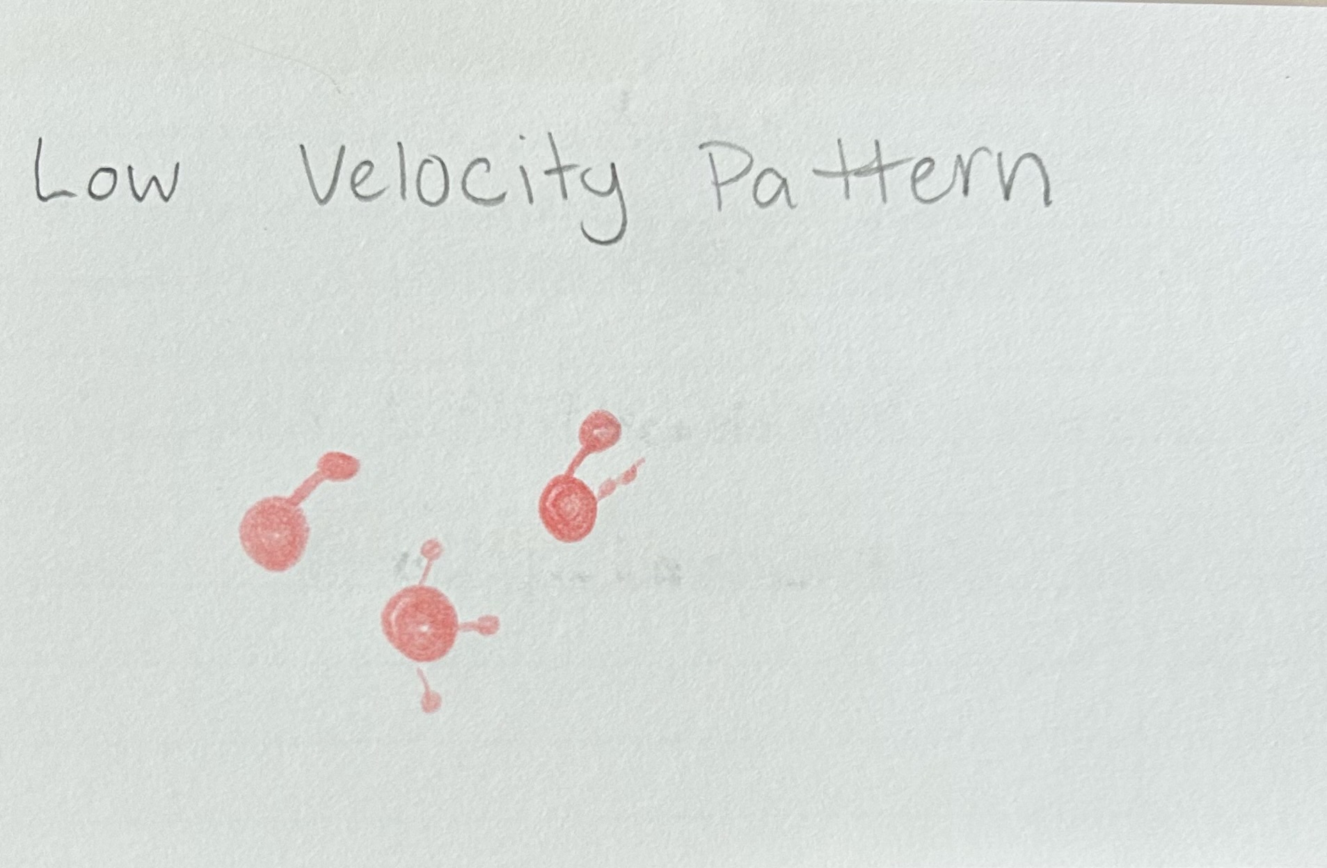 <p>Force: 5ft per sec</p><p>Diameter of droplets: 4-8mm</p><p>Cause: Injury Passive Drops</p><p>Shape: Less pronounced satellites and spines</p>