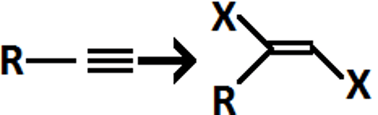 <p>1,2-dihalide</p><p>anti addition (trans)</p>