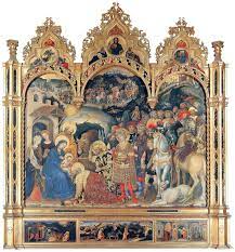 <p>Gentile da Fabriano<br>Adoration of the Magi<br>1423<br>Tempera and gold on pane</p>