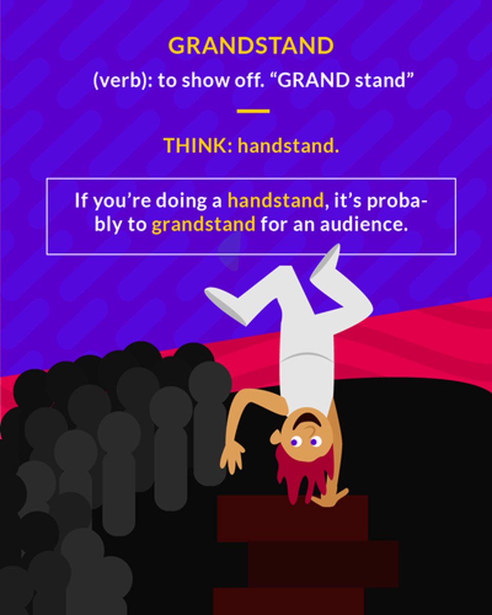 <p>Perform showily in an attempt to impress onlookers</p><p>(verb) to show off</p>