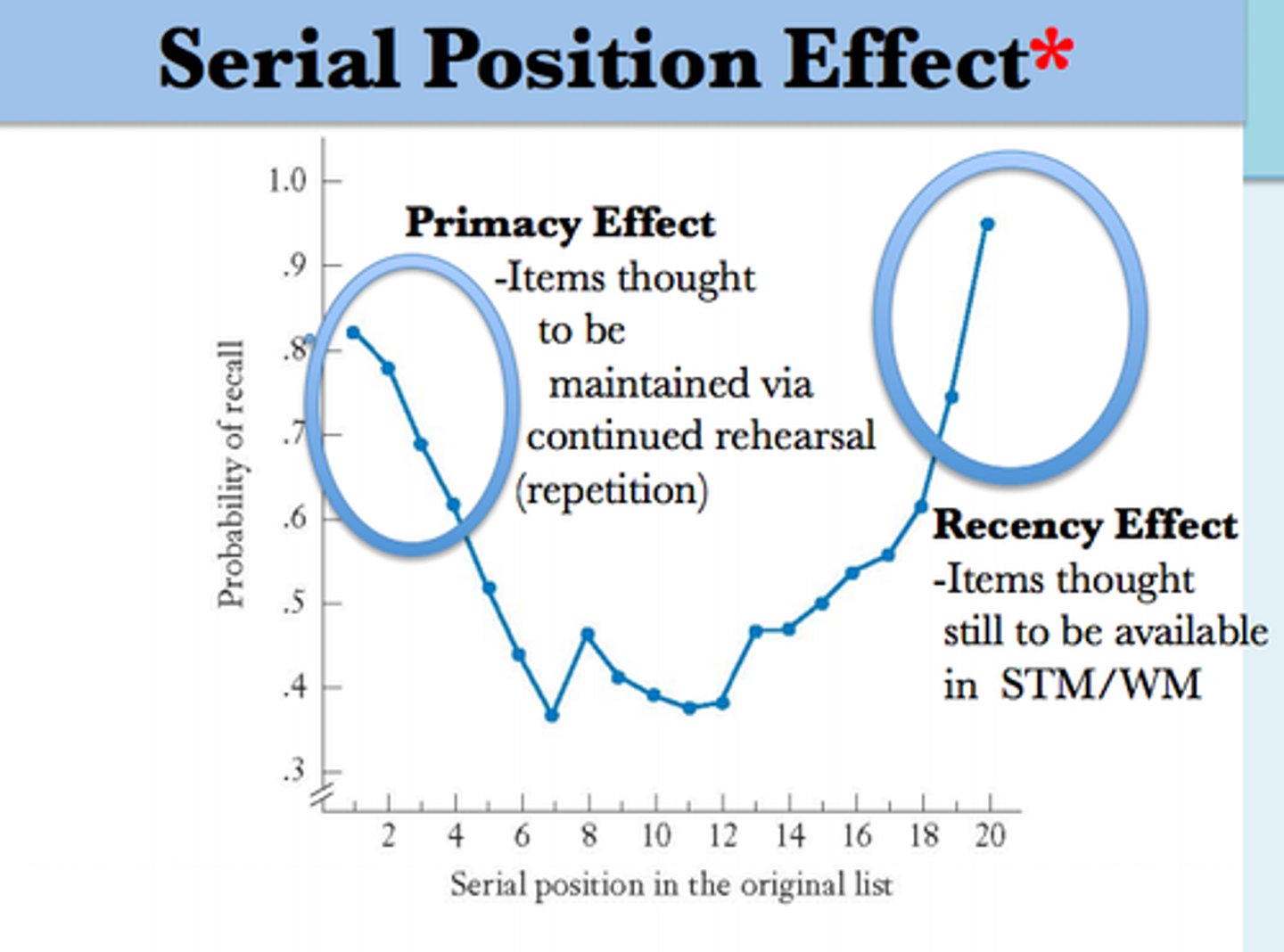 <p>recall or <strong>remembering the first and last items in a list more easily</strong><br>(primary effect, recency effect)</p>