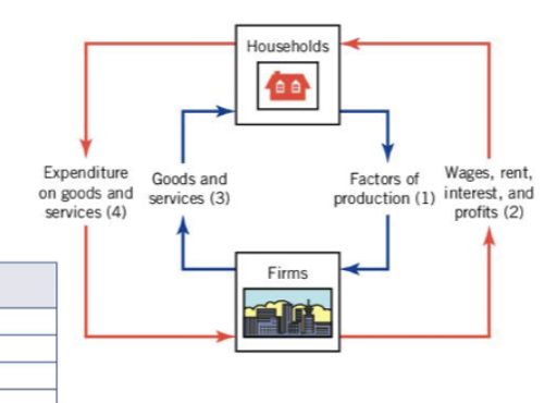 <p>Households supply the factors of production and firms provide payments to the factor</p><ul><li><p>Labour → Wages</p></li><li><p>Land → Rent</p></li><li><p>Capital → Interest</p></li><li><p>Entrepreneurship → Profit</p></li></ul><p></p>