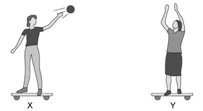 <p>When X holds the ball, they remain still. When X throws a ball to Y, they move to the left. When Y catches the ball, they move to the right and then eventually come to rest.</p><p>Explain, using Newton’s 3 laws, the motion of both skateboarders.</p><p>Ignore all effects of air resistance and friction. <strong>(6)</strong></p>