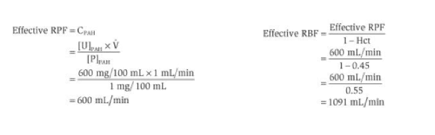 <p>-step1: Since we weren't given values for the renal artery &amp; renal vein concentrations of PAH, calculate clearance of PAH = RPF</p><p>-step2: calculate effective RBF using the hematocrit</p><p>-remember mg% = mg/100mL</p>