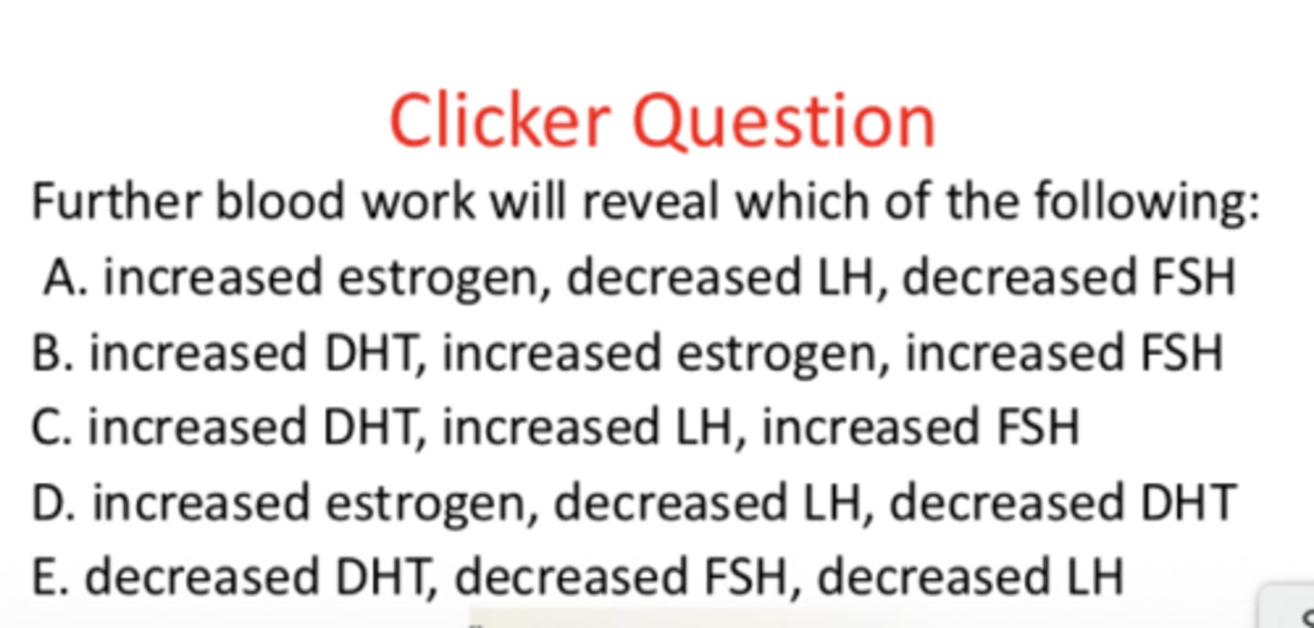 <p>case study: a male has been taking testosterone because he believes it will help enhance the results of his intense weight training, but has been experiencing trouble with having a successful pregnancy with his wife. due to this they consult an infertility specialist.</p><p>what will his bloodwork reveal? (see answer options in the picture)</p>