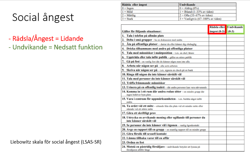 <ul><li><p><span><span>Social ångest är en rädsla av att bli kritiskt granskad/dömd av andra. </span></span></p></li><li><p><span><span>Därför undviks dessa situationer eller uthärdas med mycket stor svårighet. </span></span></p></li><li><p><span><span>För diagnos krävs en nedsatt funktion eller ett signifikant lidande.</span></span></p></li></ul><p></p>