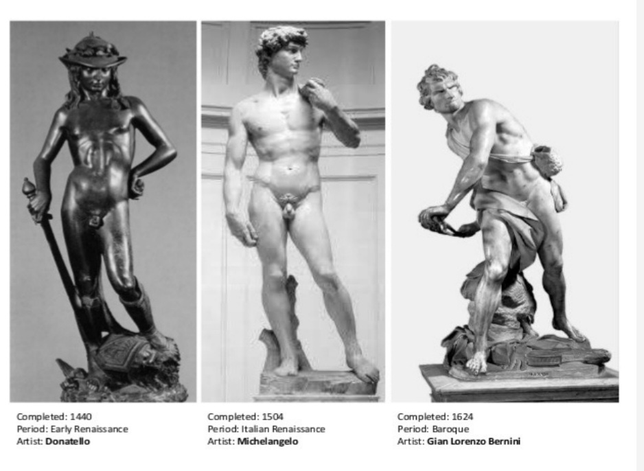 Three David sculptures that represent the Renaissance at different times