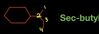 <p>attached the second carbon of the substituents (ex. in secbutyl the group attaches to the R by its second C)</p>