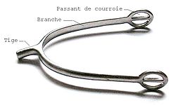 <p>Petite tige métallique avec de temps en temps une molette dentelée lié à deux branches terminées par des courroies qui s'attachent au talon du cavalier pour renforcer l'action des jambes</p>