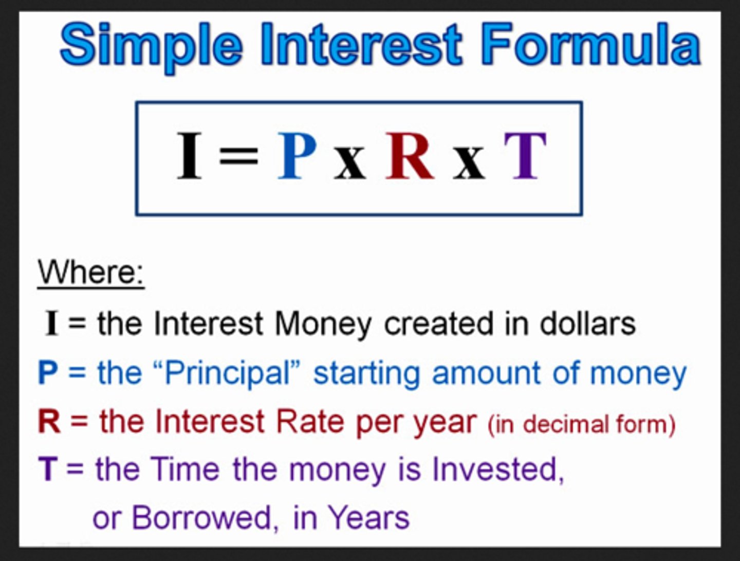<p>You can solve for any of the variables when given the other 3. The rate is the percentage rate usually written as a decimal. EX. 13%= 0.13</p>
