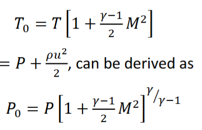 <p>Stagnation properties are the value of the property if the fluid has brought to rest. It is the sum of the static and the dynamic values. Pressure for example is derived from Bernoulli equation : P + 𝜌u<sup>2</sup>/2 𝜌gz = constant Where P is the static pressure and 𝜌u<sup>2</sup>/2 is the dynamic pressure. The equations are given in the images below. P<sub>o</sub> is the stagnation pressure. M is Mach number. 𝛾 is specific heat ratio.</p>