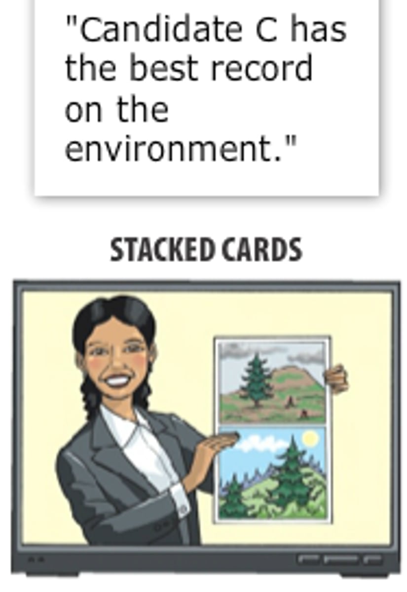 <p>provide information that is one sided. For example,</p><p>numbers and stats making general claims about a product, group or event.</p>