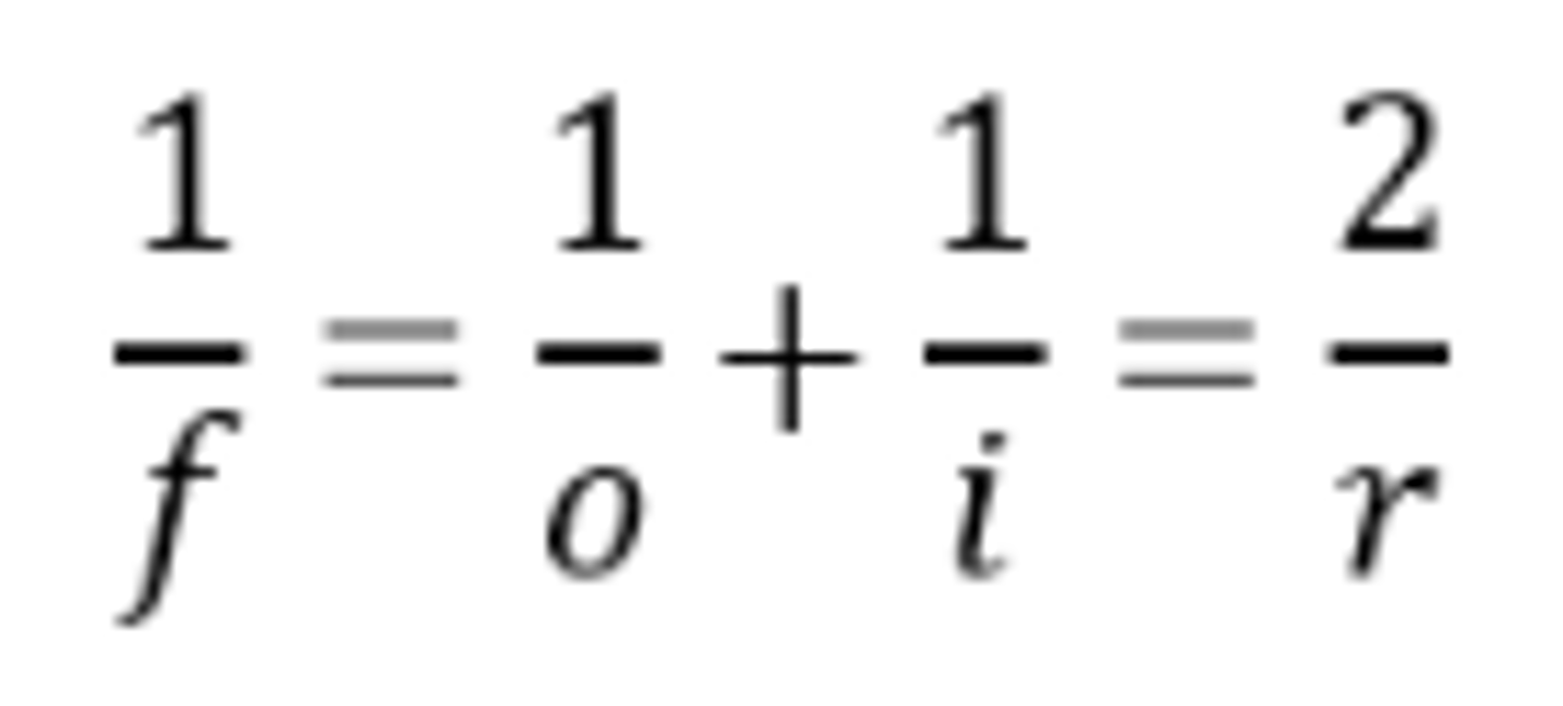 <p>f is focal length (positive concave, negative convex)</p><p>o is object distance</p><p>i is image distance </p><p>radius of curvature is half of f</p>