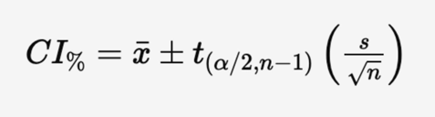 <p>CI% = ¯x ± t(α/2,n−1) (s/√n)</p>