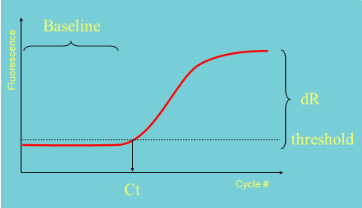 <p><span>cycle number at which the fluorescence intensity crosses the threshold line</span></p><ul><li><p>if a sample has MORE starting material it will have a LOWER Ct value compared to something with less starting material</p></li><li><p>takes less cycles for it to cross the threshold</p></li></ul><p></p>