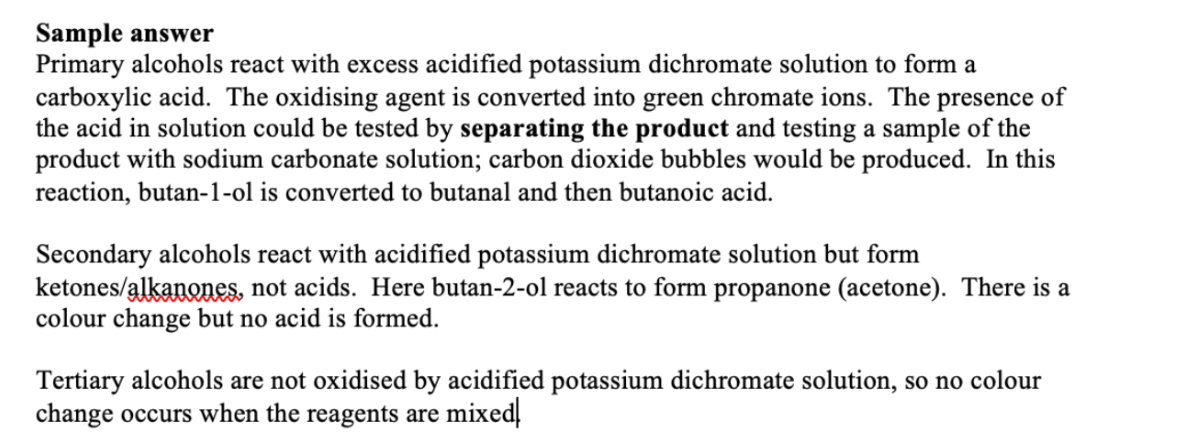 <p>MnO4- —&gt; Mn2+ (purple —&gt; colourless) </p><p>Cr2O72- —&gt; Cr3+ (orange —&gt; green) </p><p>Colour change in increasing order: tertiary&lt;secondary&lt;primary </p>