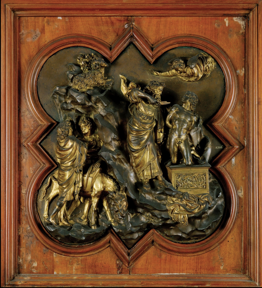 <p>Lorenzo Ghiberti, <em>Sacrifice of Isaac</em>, competition panel for doors of the baptistery in Florence, Italy, 1401. Gilded Bronze</p>