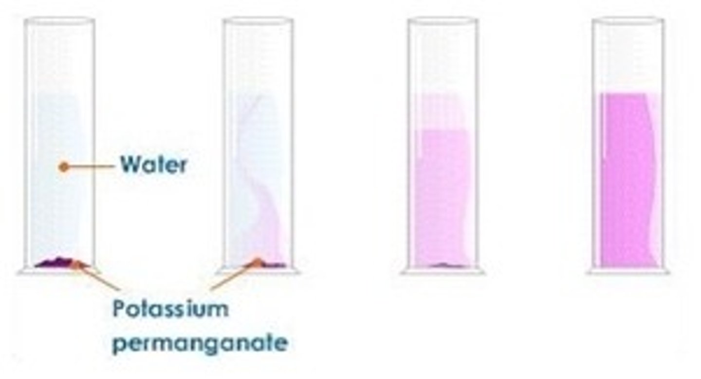 <p>when we add potassium manganate(VII) solution to a gas jar of water , the purple colour crystals) slowly diffuse across until the whole solution is the same colour<br><br>this is because the particles in a liquid move more slowly than the particles in a gas , also gas particles have more space to move into without colliding with other particles</p>