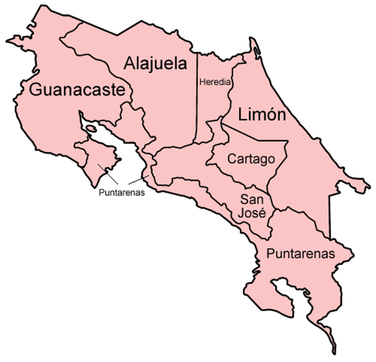 <p>provinces/regions (San José, Cartago, Alajuela, Heredia, Guanacaste, Puntarenas, Limón)</p>