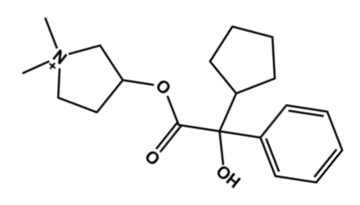 <p>- LogP = -1.0, T1/2 = "long"</p><p>- Uses: oral antispasmotic</p><p>- Ester is hindered so drug excreted mostly unchanged</p>