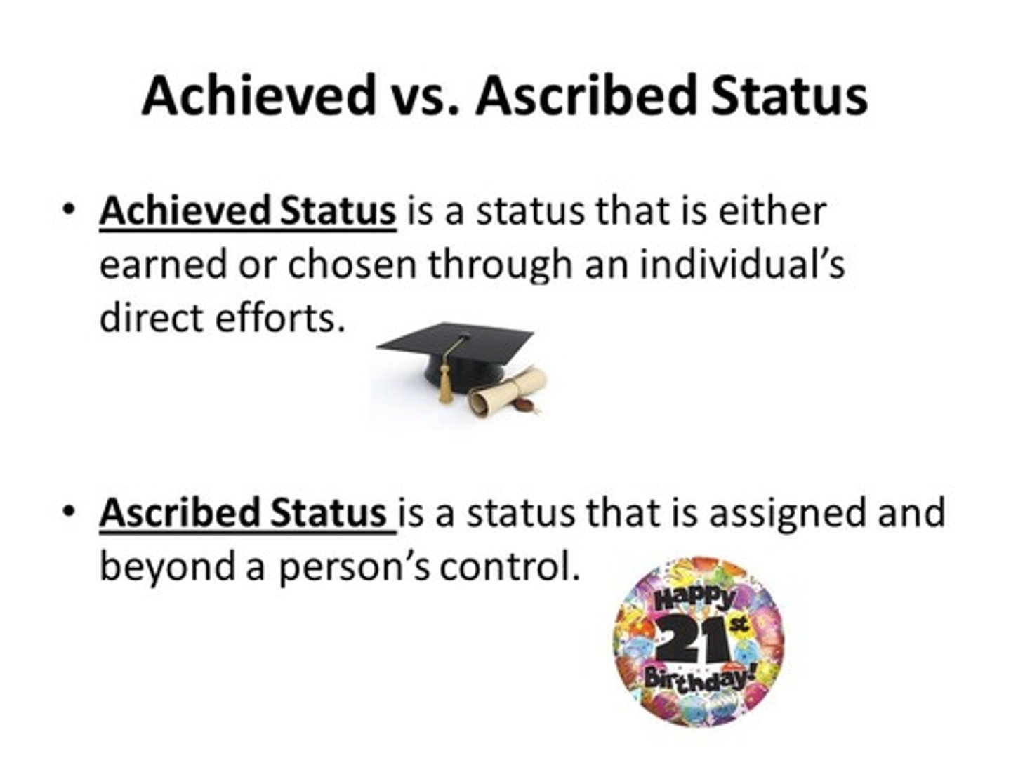 <p>For your Ascribed Status, you might be a son, a father, a brother, a male, etc. It is a status that you were given without a choice.</p><p>For your Achieved Status, you might be a gymnast, a basketball player, a grad student, a lawyer, etc. It is a status that you choose.</p>