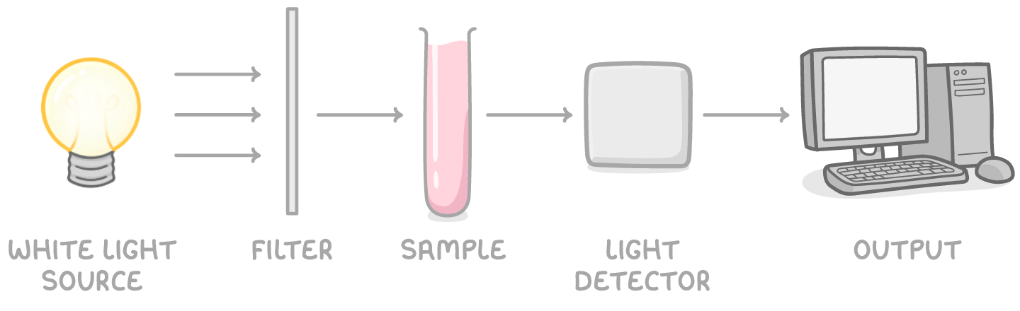 <ol><li><p>add an appropriate ligand to intensity colour</p></li><li><p>make up solutions of known concentrations and measure absorption/transmission</p></li><li><p>plot calibration curve</p></li><li><p>measure absorption of unknown and use calibration curve to deduce concentration</p></li></ol><p></p>