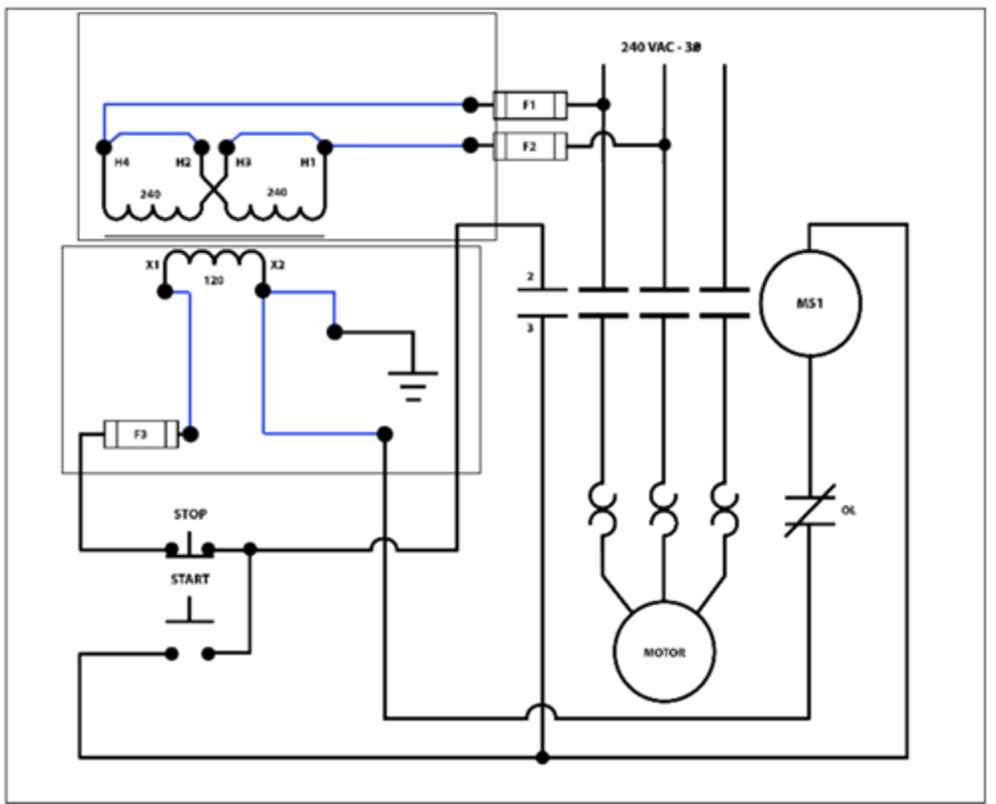 <p>Drag and drop diagram elements to complete the following wiring diagram of the connections for the primary and the secondary of the control simulator. The control transformer is dual-rated 240/480-volt primary and 120-volt secondary winding. The source voltage is 240 volts AC, 3-phase.</p>