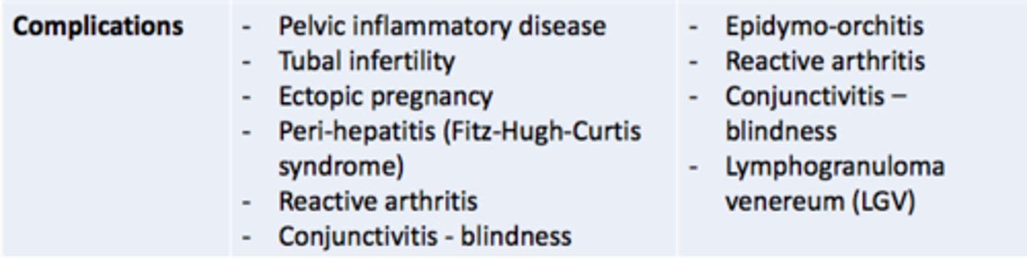 <p>Women</p><p>- Pelvic inflammatory disease</p><p>- Tubal infertility</p><p>- Ectopic pregnancy</p><p>- Peri-hepatitis (Fitz-Hugh-Curtis syndrome)</p><p>- Reactive arthritis</p><p>- Conjunctivitis - blindness</p><p>Men </p><p>- Epidymo-orchitis</p><p>- Reactive arthritis</p><p>- Conjunctivitis - blindness</p><p>- Lymphogranuloma venereum (LGV)</p>