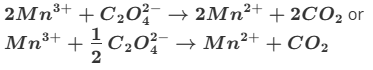 <p>Mn3+ is being reduced to Mn2+ so is oxidised witha difference of 1</p><p>C being oxidised from +3 to +4 in CO2 products with a difference of 1</p><p>as you need ½ C2O4)2-, you times by 2 tow get the 2Mn3+ 2Mn2+ 2CO2</p><p>Givin an already balanced equation of 6+ on 2Mn3+ and 2- of C2O4 2-  altogether +4 on reactants and +4 on productes (2 Mn2+)</p>