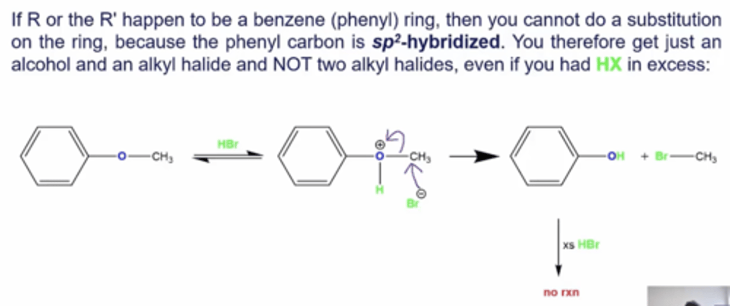 <p>-you can't do a substitution on the ring because SN1/2 reactions cannot be done on Sp2 hybridized carbons, so instead you'll just get an alcohol and alkyl halide, regardless of whether you have HX in excess</p>