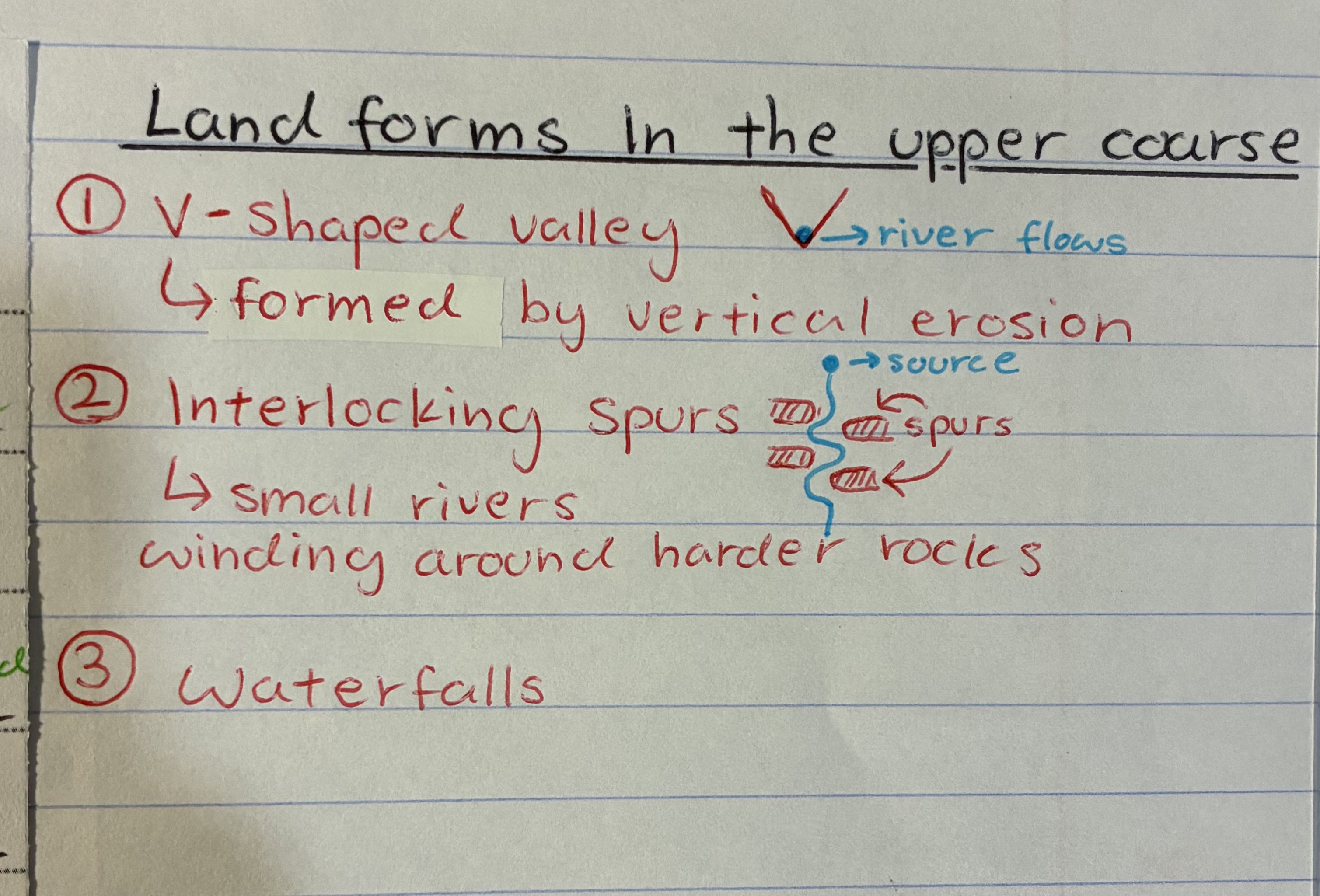 <ul><li><p>V shaped valleys</p></li><li><p>waterfalls + gorges</p></li><li><p>interlocking spurs</p></li></ul><p></p>