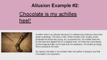 <p>A reference to another thing</p><p>Ex: Chocolate was her Achilles’ heel</p>