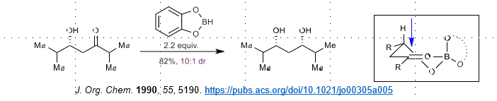 <p>Requires chiral OH directing group</p><p>Uses catechol boranes + external hydride source</p><p>Gives rise to 1,3 syn-selectivity</p>