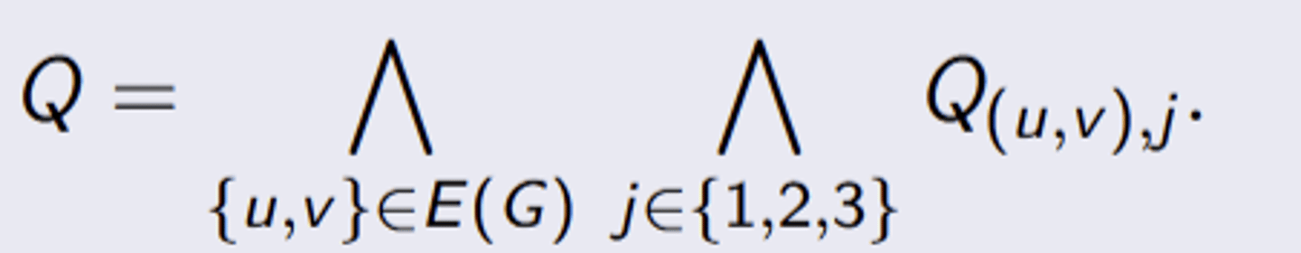 <p>for each edge {u, v} ∈ E(G) and colour j ∈ {1, 2, 3} define:</p><p>Q{u,v },j = (¬x (u, j) ∨ ¬x (v , j))</p><p>Q{u,v },j forbids u and v from both having color j</p><p>combine all conflicts: (in image)</p>